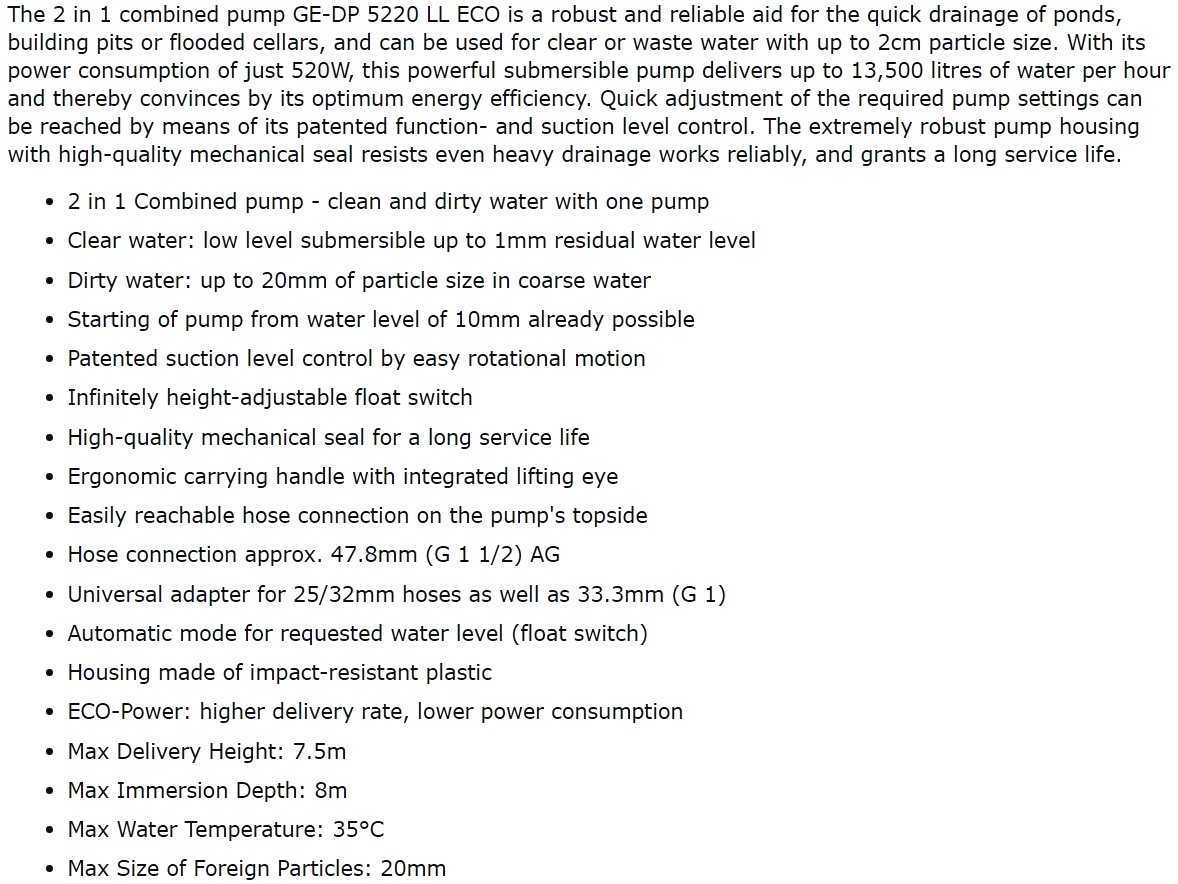 משאבת מים טבולה למים מלוכלכים היינל איינהל EINHELL GE-DP 5220 LL ECO TEXT